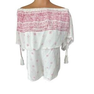 Elan Romper Off Shoulder White & Red Short Sleeves w Tassels Size M Rayon